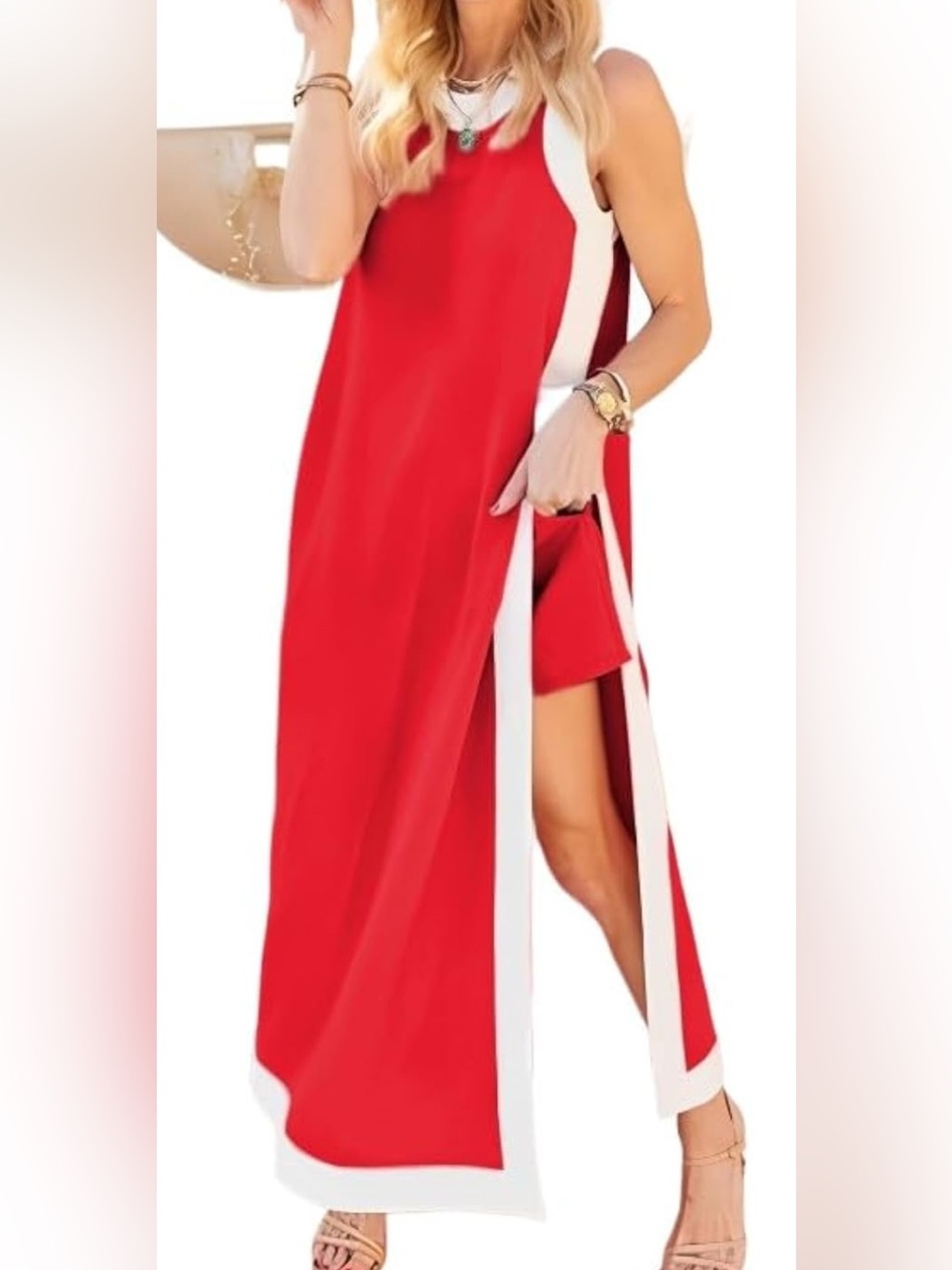 Source Unknown Red High-Low Maxi Skirt with White Trim